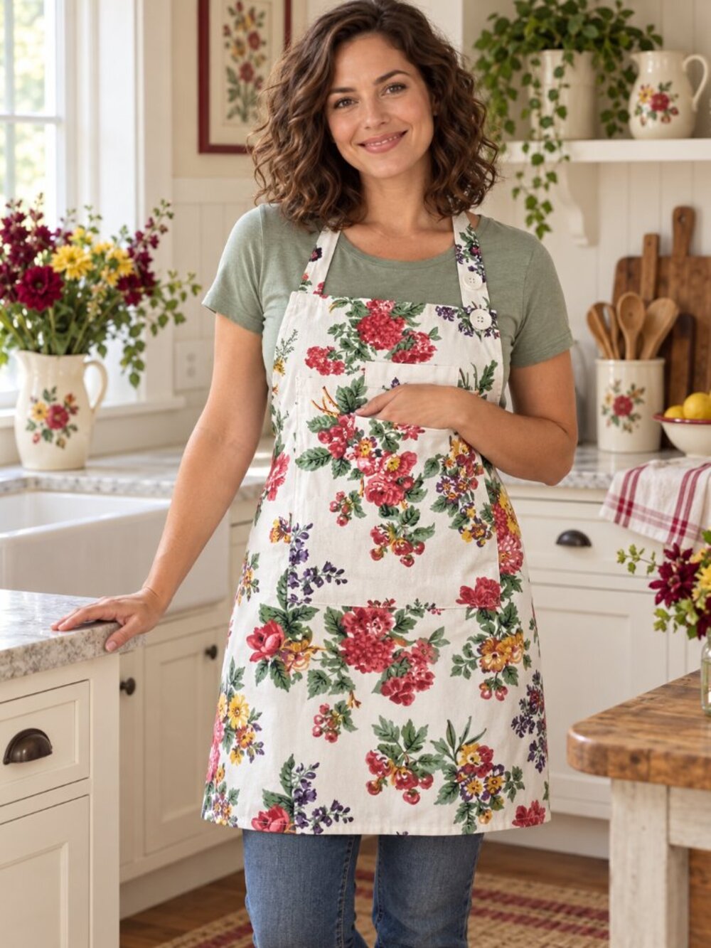 April Cornell French Country Apron White Yellow Pink Flowers Spring 100% Cotton